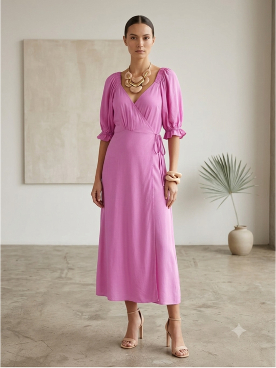 Olivaceous Dresses & Skirts - OLIVACEOUS Pink Wrap Maxi Dress Sz L Puff Sleeve Side Slit Cottagecore Boho Summ